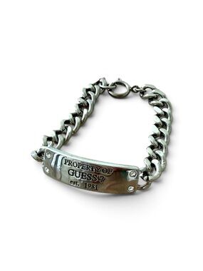 Guess 90’s Silver-Tone ID Curb Bracelet with Plate